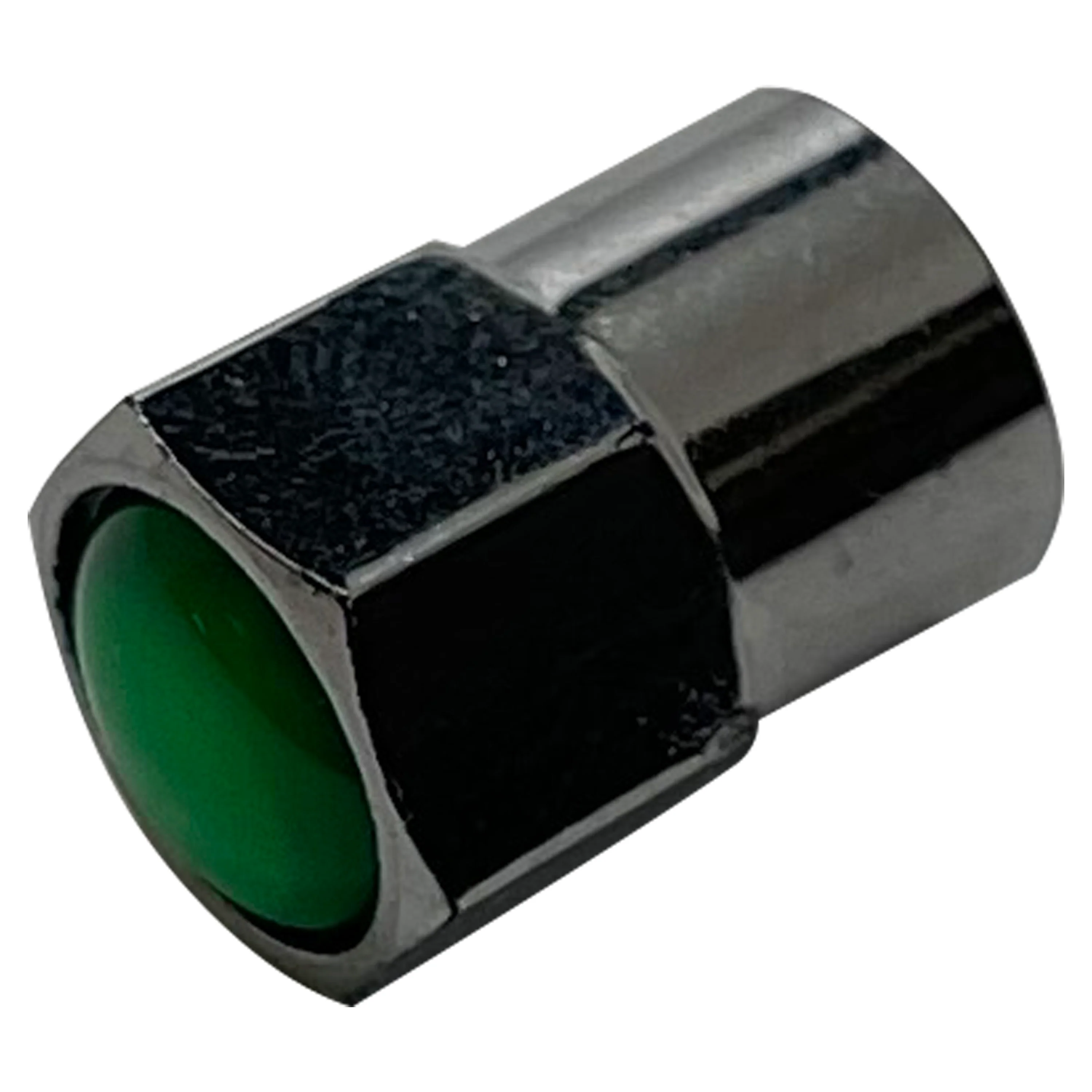 TPMS Valve Stem Caps - Chromed Plastic with Green Dome - Universal Fit - 100 Pack
