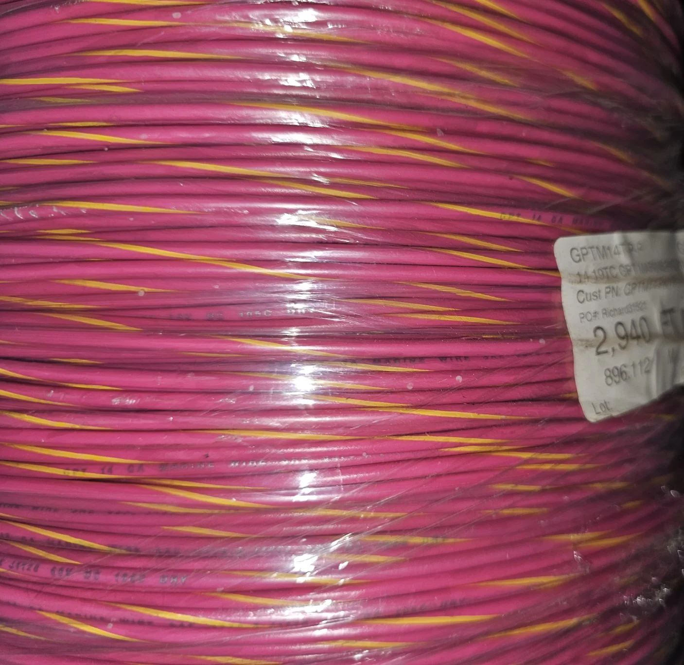 14 AWG Marine Tinned Wire - Pink with Yellow Stripe - 600V - 100 ft