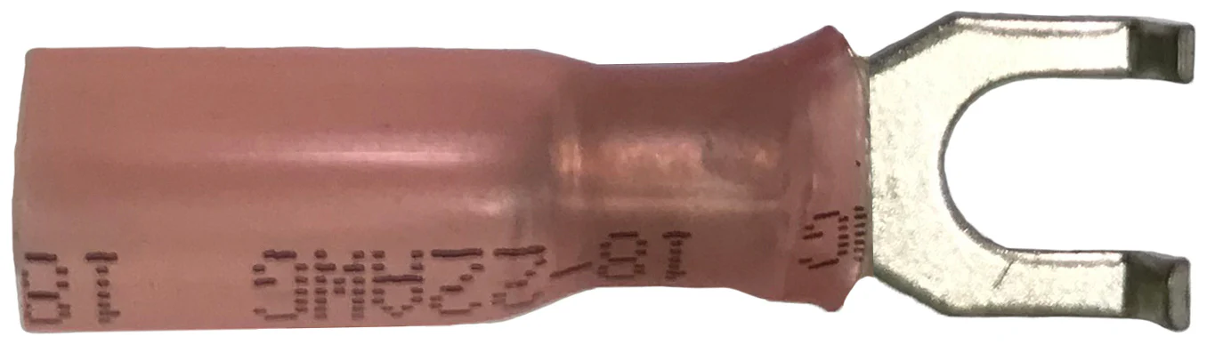 Heat Shrink & Crimp Red Flange Spade Terminal 22-18 Gauge #8 Stud - 10 to 500 Pack