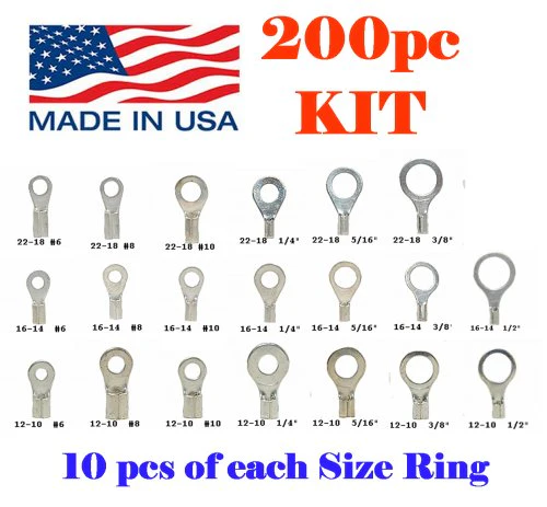 Non-Insulated Ring Terminal Assortment Kit - 22-10 AWG - 200 Pieces