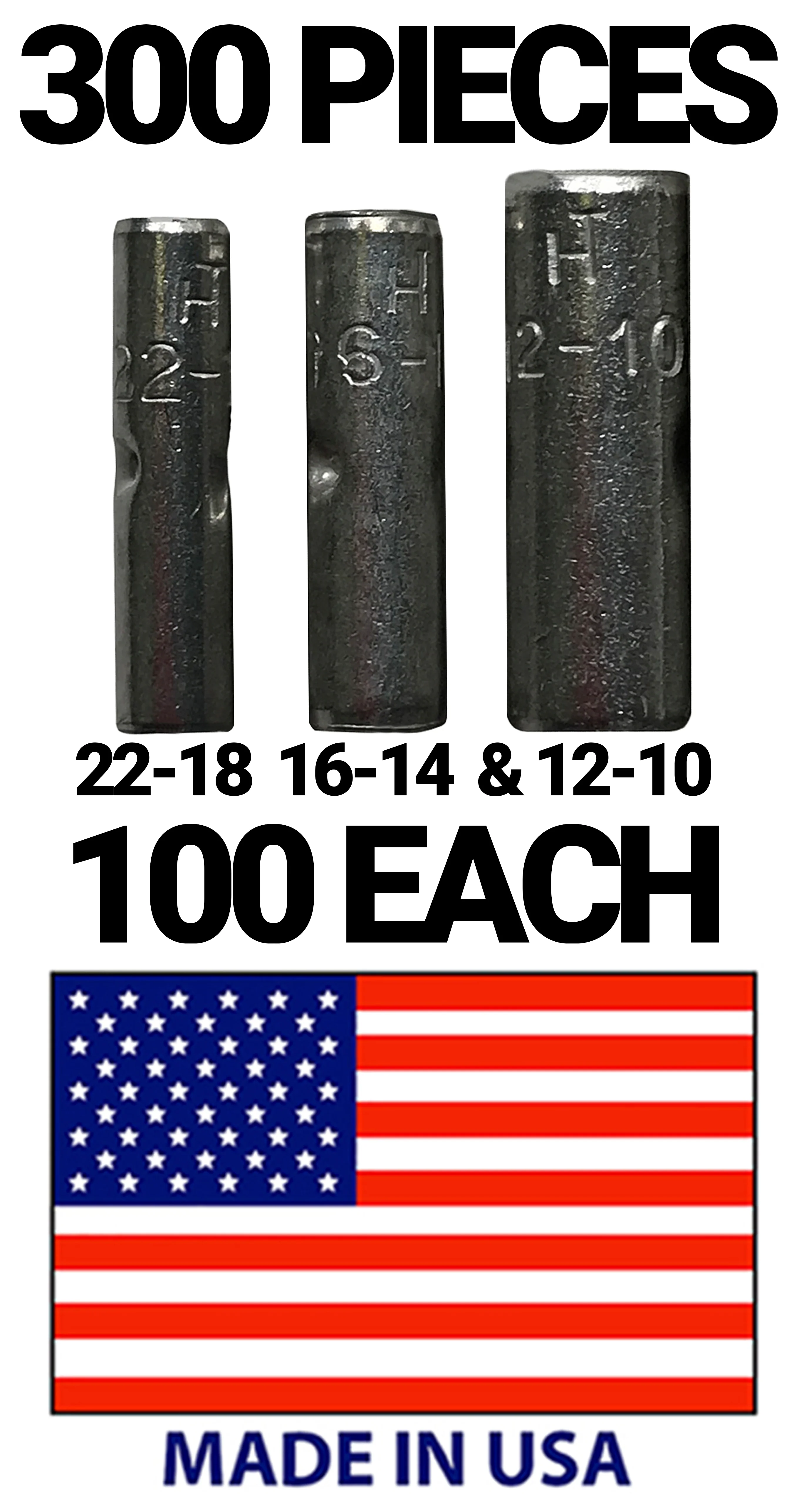 Non-Insulated Butt Connector Assortment Kit 22-10 Gauge - 300 Piece - Made in the USA