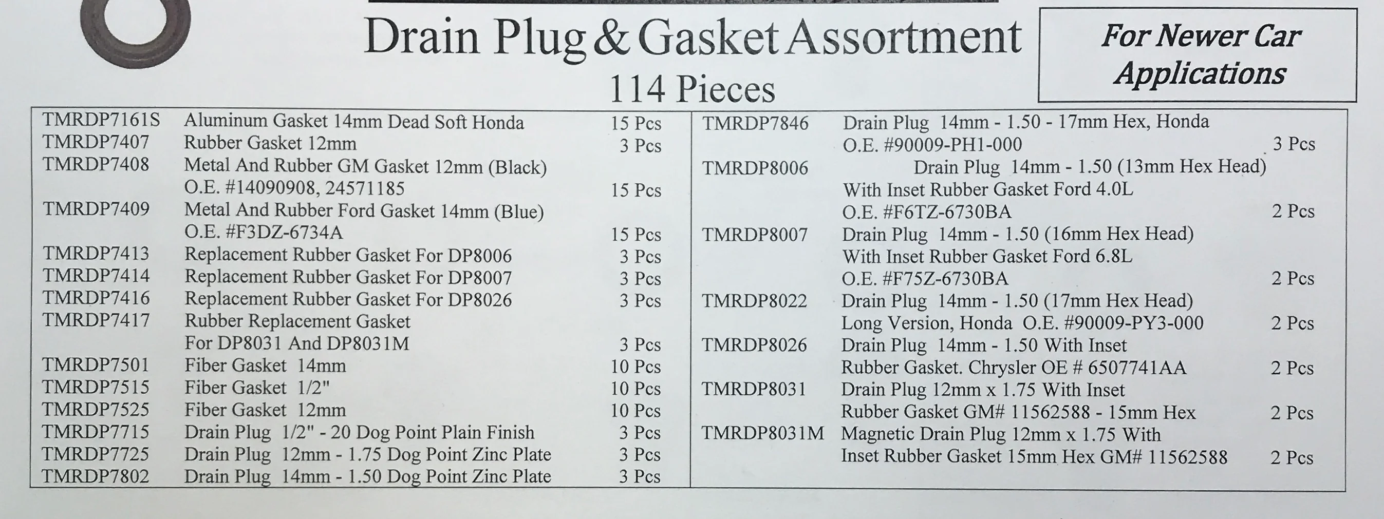 114 Piece Oil Drain Plug & Gasket Assortment Kit - "For Newer Car Applications" - Image 4