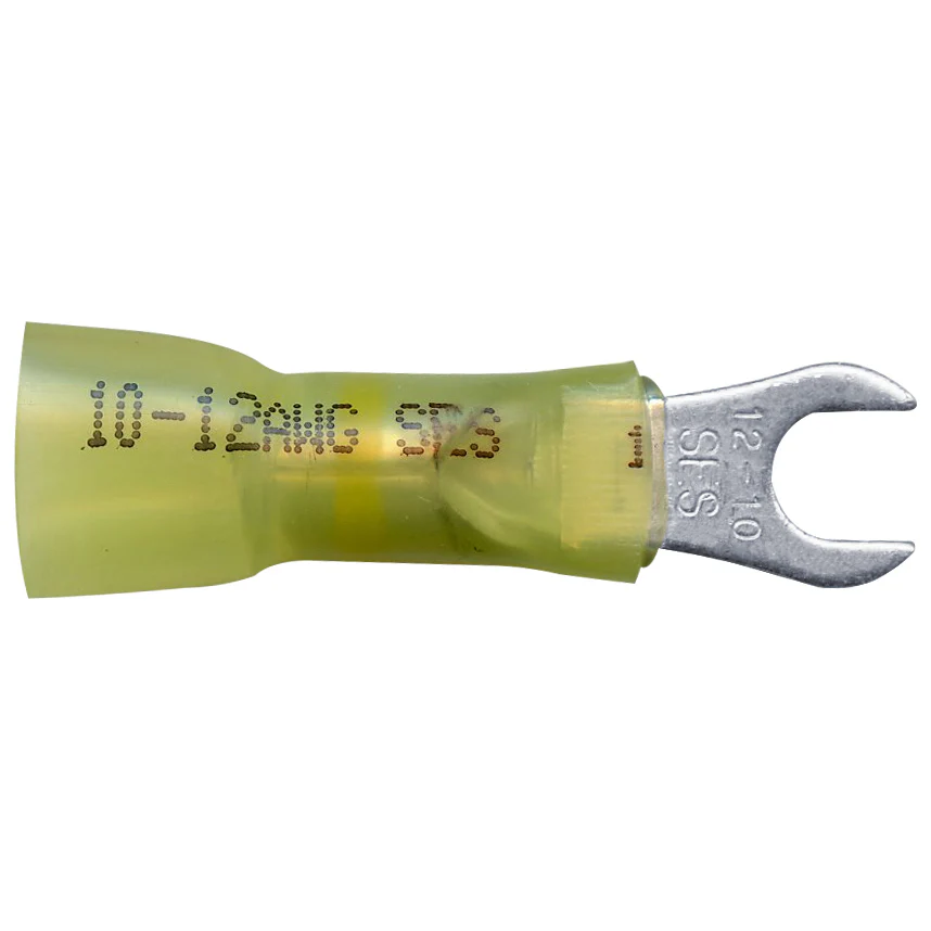Heat Shrink & Crimp Yellow Long Neck Spade Terminal 12-10 Gauge #10 Stud - 10 or 100 Pack