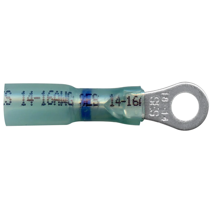 Heat Shrink & Crimp Blue Long Neck Ring Terminal 16-14 Gauge #10 Stud - 10 or 100 Pack