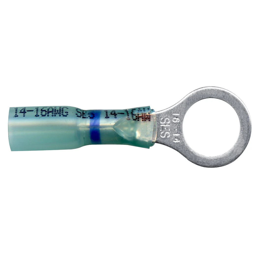 Heat Shrink & Crimp Blue Long Neck Ring Terminal 16-14 Gauge 3/8 Stud - 10 or 100 Pack