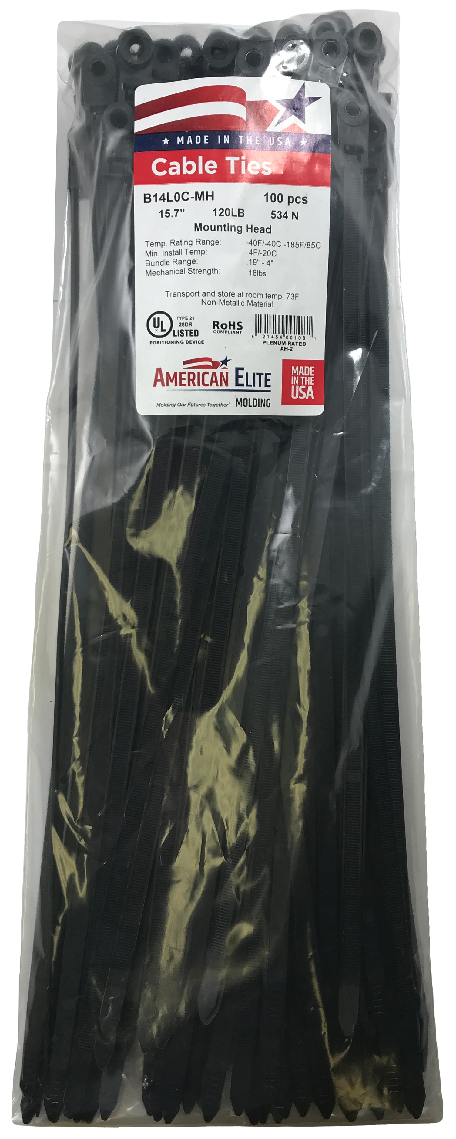 Black 14" Mounting Hole Cable Ties - 120 lb Tensile Strength (100 Pack) - Image 2