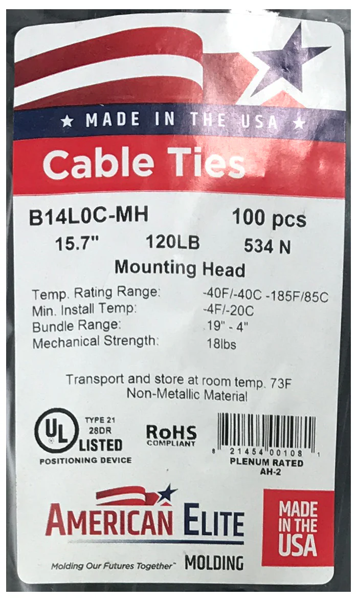 Black 14" Mounting Hole Cable Ties - 120 lb Tensile Strength (100 Pack) - Image 3