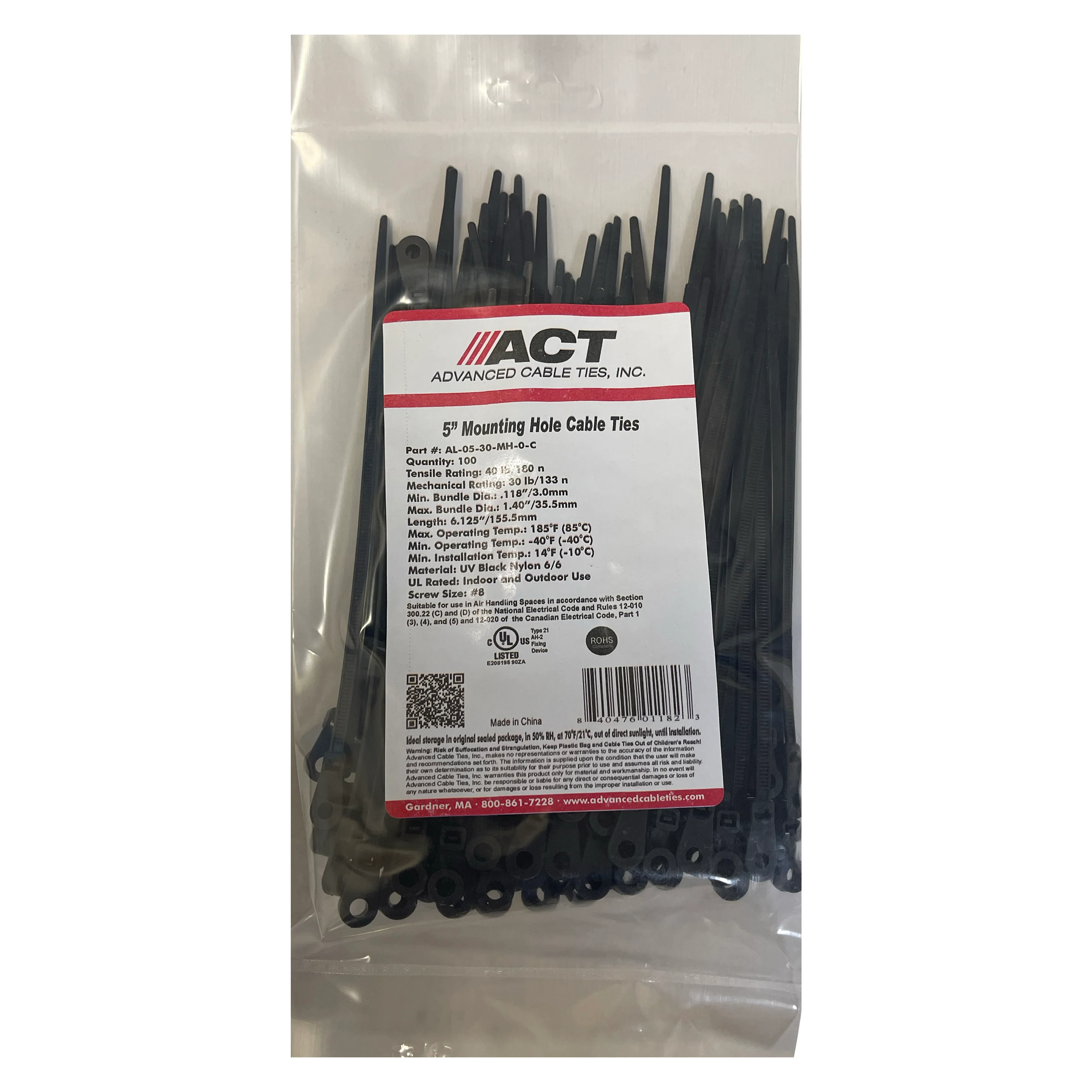 Black 5" Cable Tie w/Mounting Hole, 100 pack - Image 3