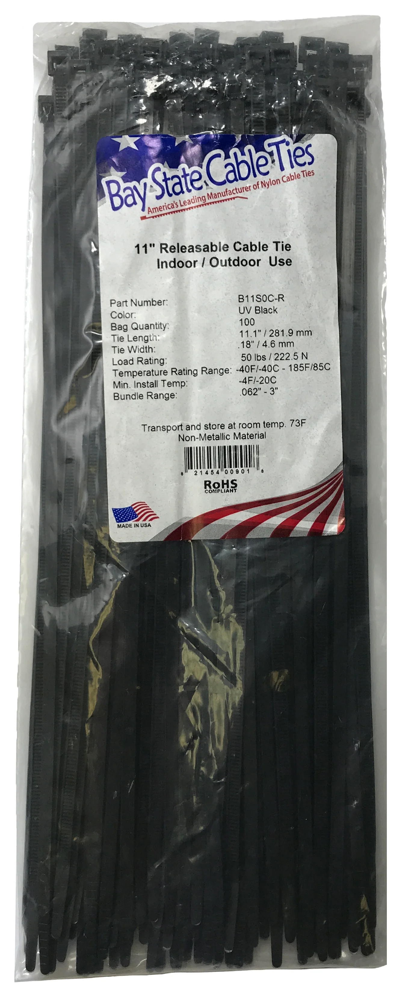 Releasable Black 11" Inch Cable Ties 50 lbs - 100 Pack - Image 2