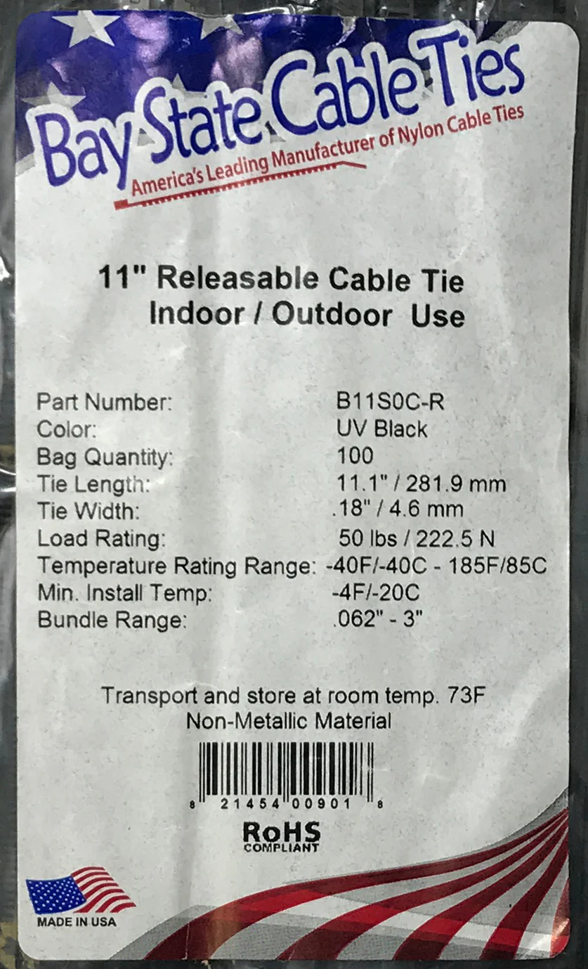 Releasable Black 11" Inch Cable Ties 50 lbs - 100 Pack - Image 3