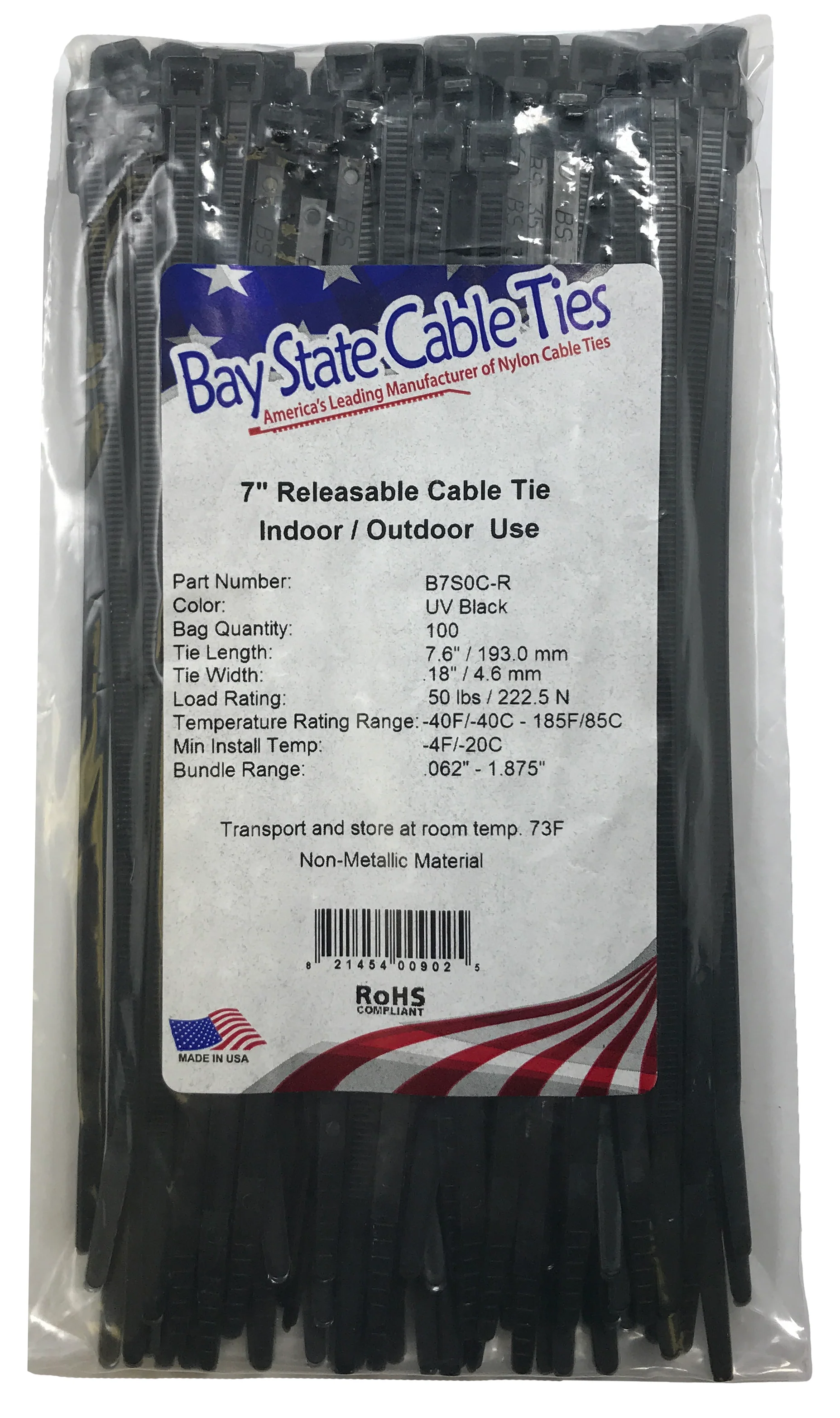 Releasable Black 7" Inch Cable Ties 50 lbs - 100 Pack - Image 2