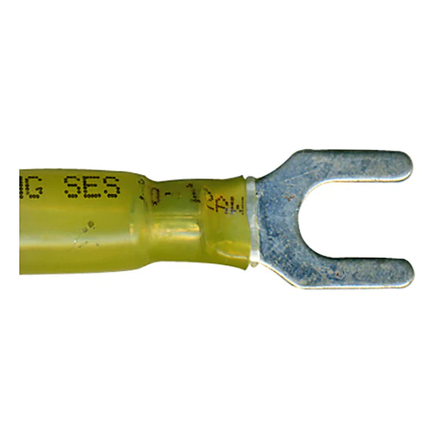 Heat Shrink & Crimp Yellow Spade Terminal 12-10 Gauge #8 Stud - 10 to 500 Pack